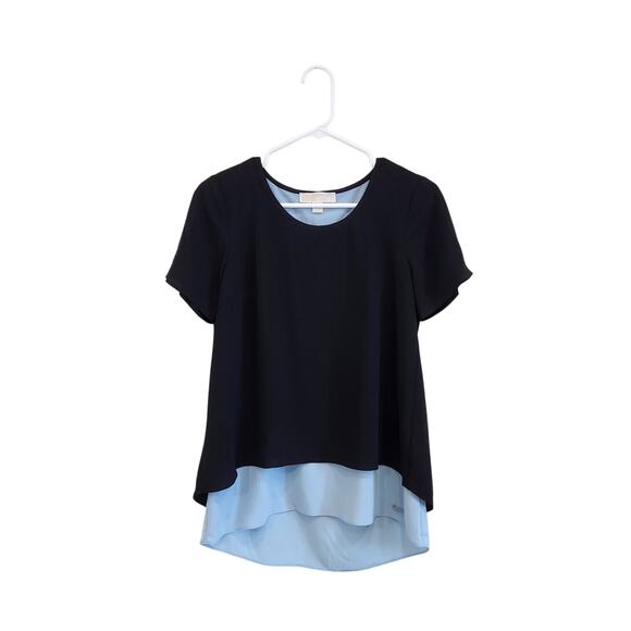 Michael Kors Colorblock Short Sleeve Layered Blouse Hi Low Hem Navy Blue Size XS - Picture 1 of 8